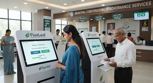 Official municipal corporation hall with clean digital kiosk where citizens are receiving time bound certificates peacefully under professional ambient lighting.