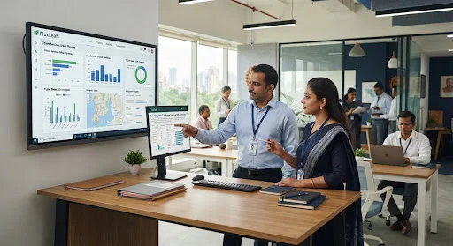 A clean, modern Indian municipal administration office setting showing civic engineers and administrators interacting with digital governance dashboards on screens. The room has natural sunlight, subtle modern slate navy tones, institutional desks with official files, and a calm, transparent, and technology-forward public service atmosphere.